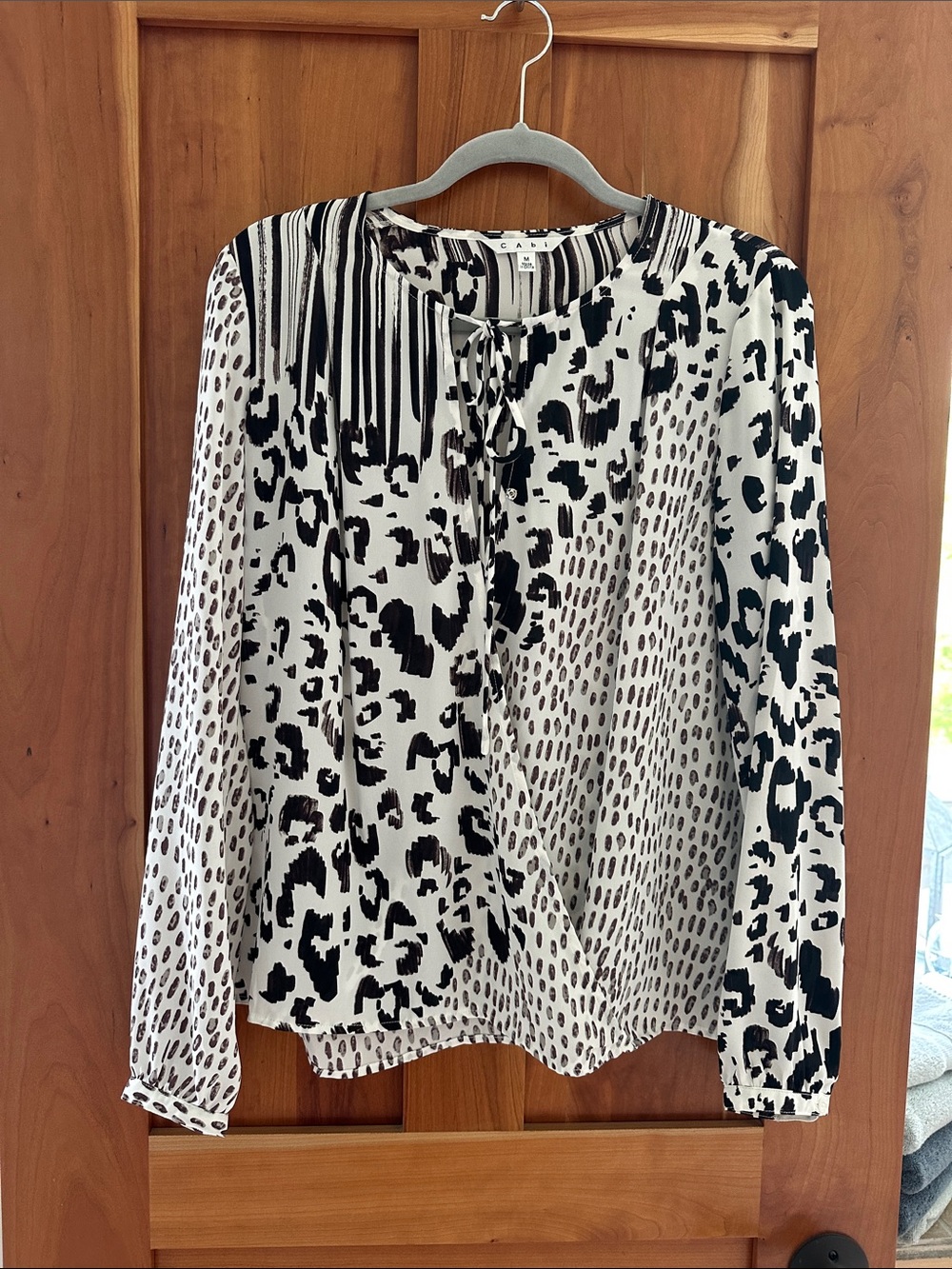 CAbi Black and White Mixed Animal Print Tie-Neck Blouse